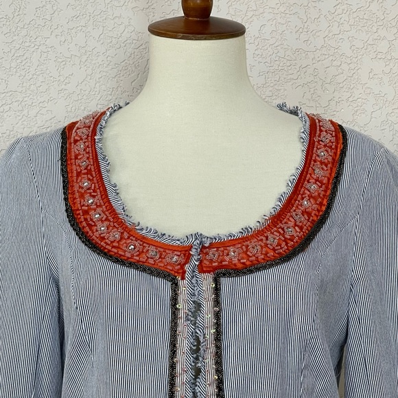 NWOT-Free People My Fair Lady embellished   trim blue pinstripe cropped jacket - Picture 4 of 9